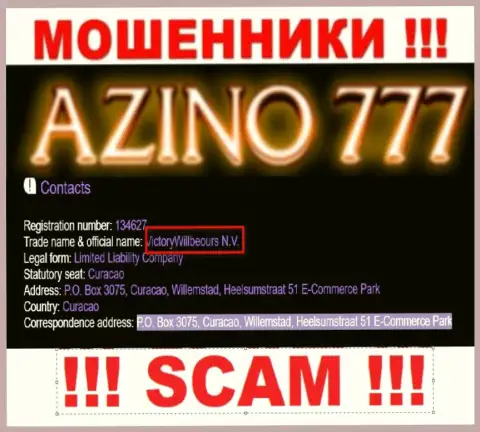 Юр лицо мошенников Azino777 это ВикториВиллбеоурс Н.В., информация с сайта аферистов