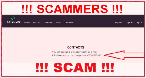 Coinumm Com phone number listed on the scammers web-site
