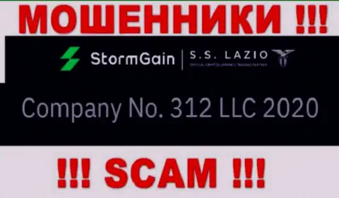 Регистрационный номер StormGain, который взят с их официального сервиса - 312 LLC 2020