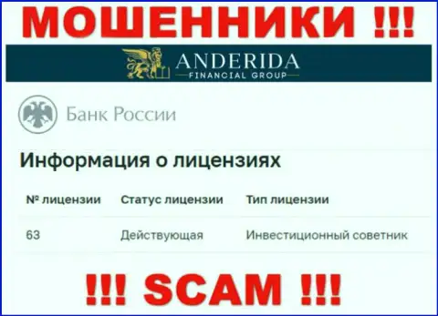 Андерида пишут, что имеют лицензионный документ от Центробанка России (сведения с web-сервиса ворюг)