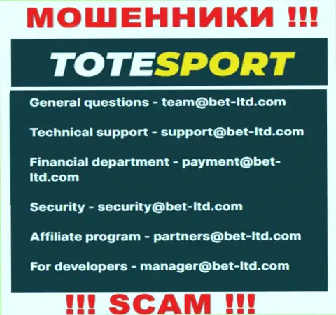 В разделе контактной инфы интернет жуликов ToteSport, указан именно этот e-mail для обратной связи с ними