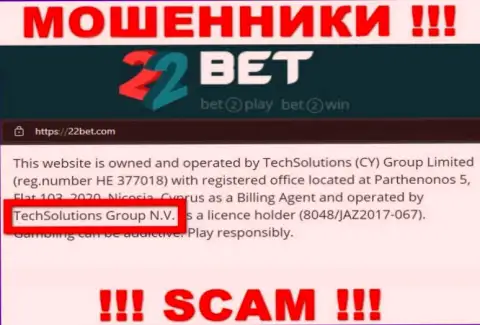 TechSolutions Group N.V. - это организация, владеющая интернет мошенниками 22Bet