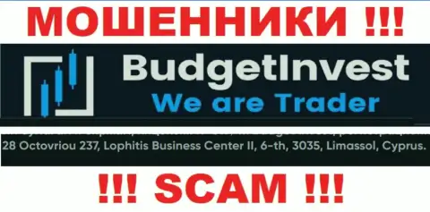 Не работайте совместно с конторой BudgetInvest - данные интернет лохотронщики спрятались в офшоре по адресу: 8 Octovriou 237, Lophitis Business Center II, 6-th, 3035, Limassol, Cyprus