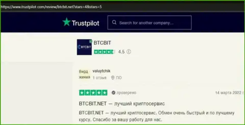Публикации об условиях предоставления услуг онлайн обменки БТКБит Нет на сервисе трастпилот ком