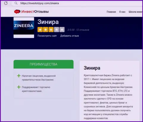 Обзор условий для совершения торговых сделок биржевой компании Zineera Exchange на web-сервисе investotzyvy com