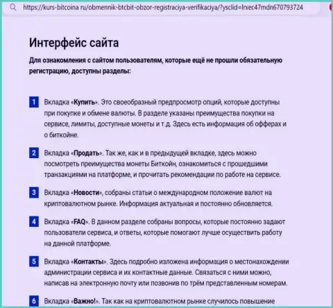 Пользовательский интерфейс web-сайта обменного пункта BTC Bit подробно описан на информационном сервисе bitcoina ru